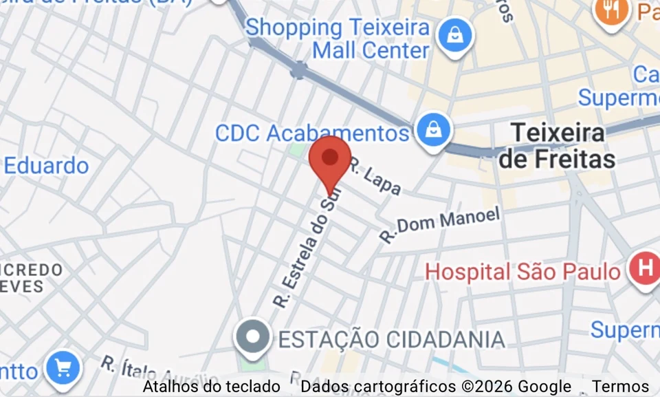 Mapa de Teixeira de Freitas com um pino na região da Rua Estrela do Sul